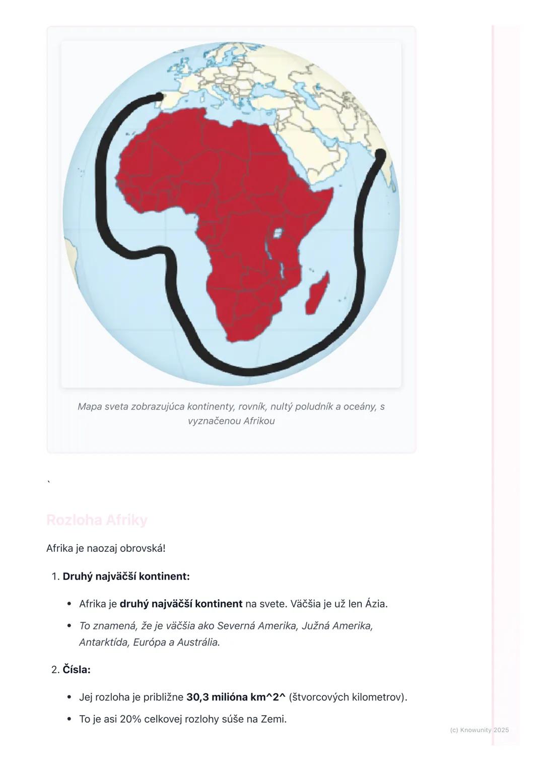 # Poloha a rozloha Afriky
1. Prehľad polohy a rozlohy Afriky
Afrika je jeden z najväčších kontinentov na našej Zemi. Dnes si zopakujeme,
k