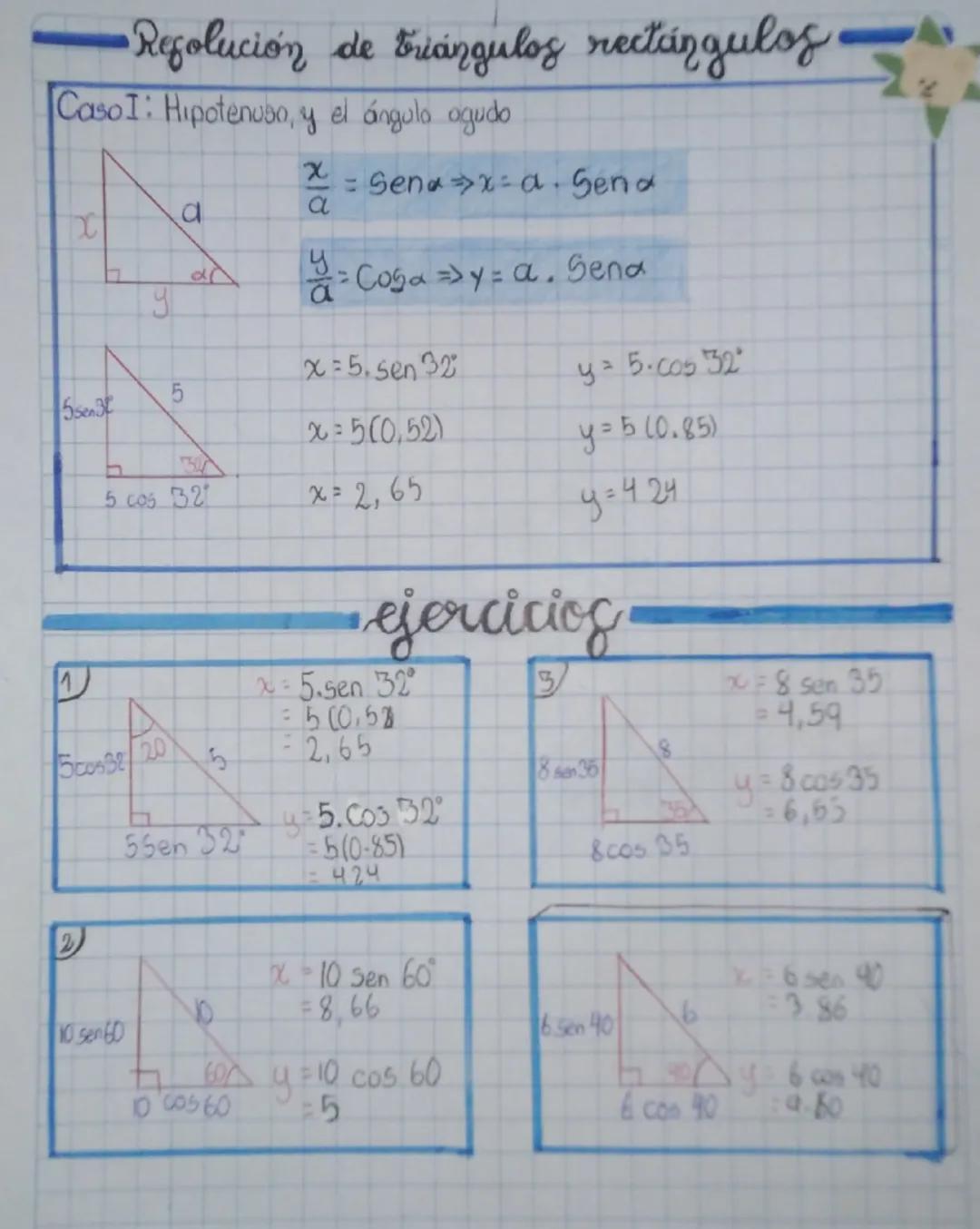 # Resolución de triángulos rectángulos
Caso I: Hipotenuso, y el ángulo agudo
$\frac{x}{a}$=Sena⇒x=a. Sena
$\frac{y}{a}$=Coga => y=a. Sena