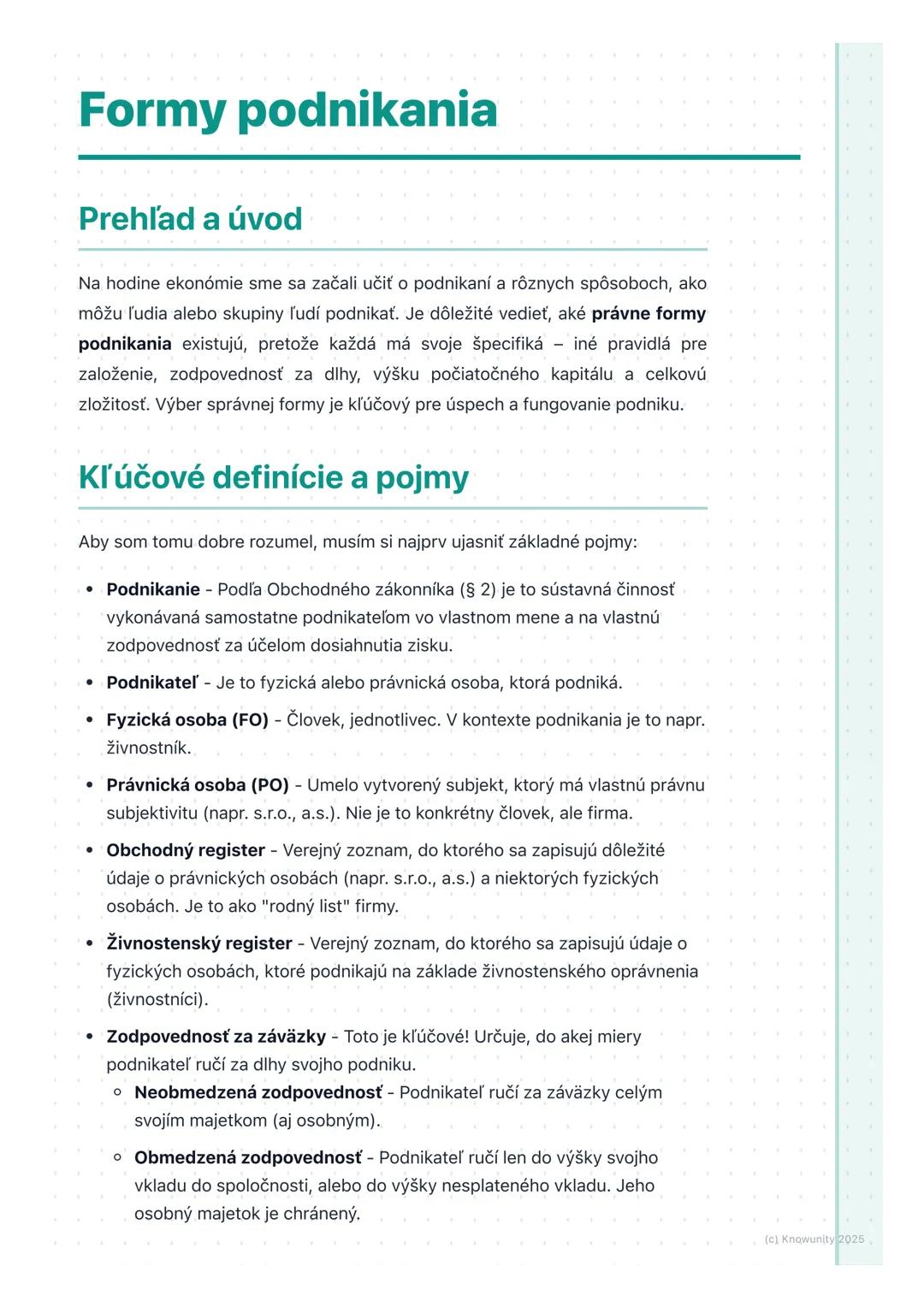 # Formy podnikania
Prehľad a úvod
Na hodine ekonómie sme sa začali učiť o podnikaní a rôznych spôsoboch, ako
môžu ľudia alebo skupiny ľudí