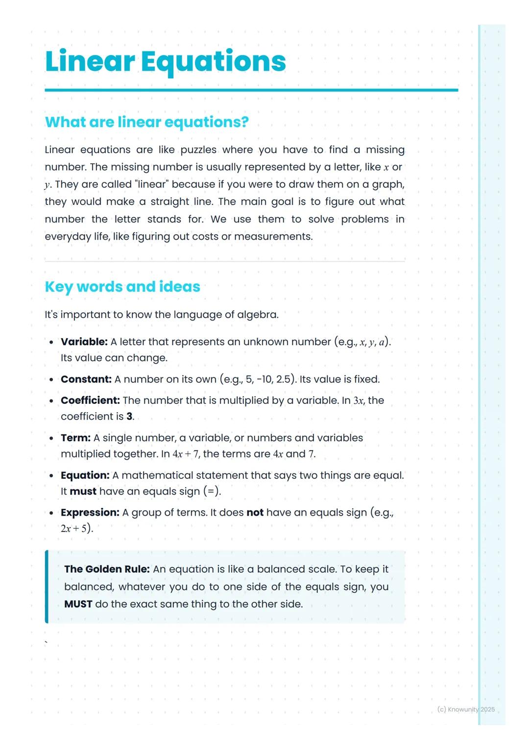 # Linear Equations
## What are linear equations?
Linear equations are like puzzles where you have to find a missing
number. The missing nu
