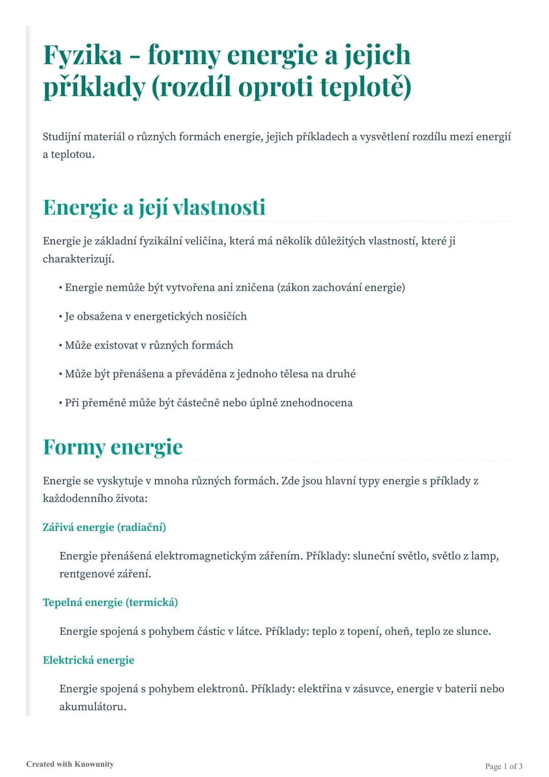 Fyzika - formy energie a jejich
příklady (rozdíl oproti teplotě)
Studijní materiál o různých formách energie, jejich příkladech a vysvětlení