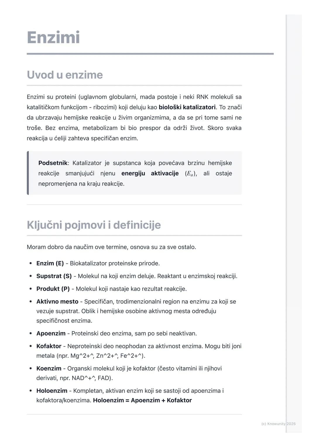 # Enzimi
Uvod u enzime
Enzimi su proteini (uglavnom globularni, mada postoje i neki RNK molekuli sa
katalitičkom funkcijom - ribozimi) koj