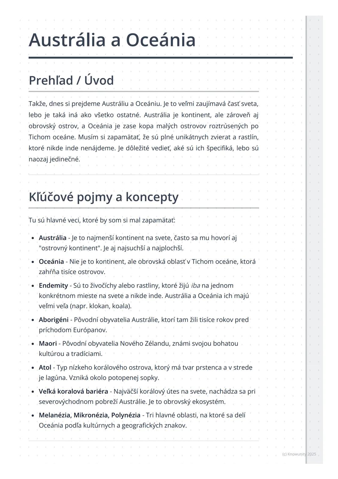 # Austrália a Oceánia
Prehľad / Úvod
Takže, dnes si prejdeme Austráliu a Oceániu. Je to veľmi zaujímavá časť sveta,
lebo je taká iná ako v