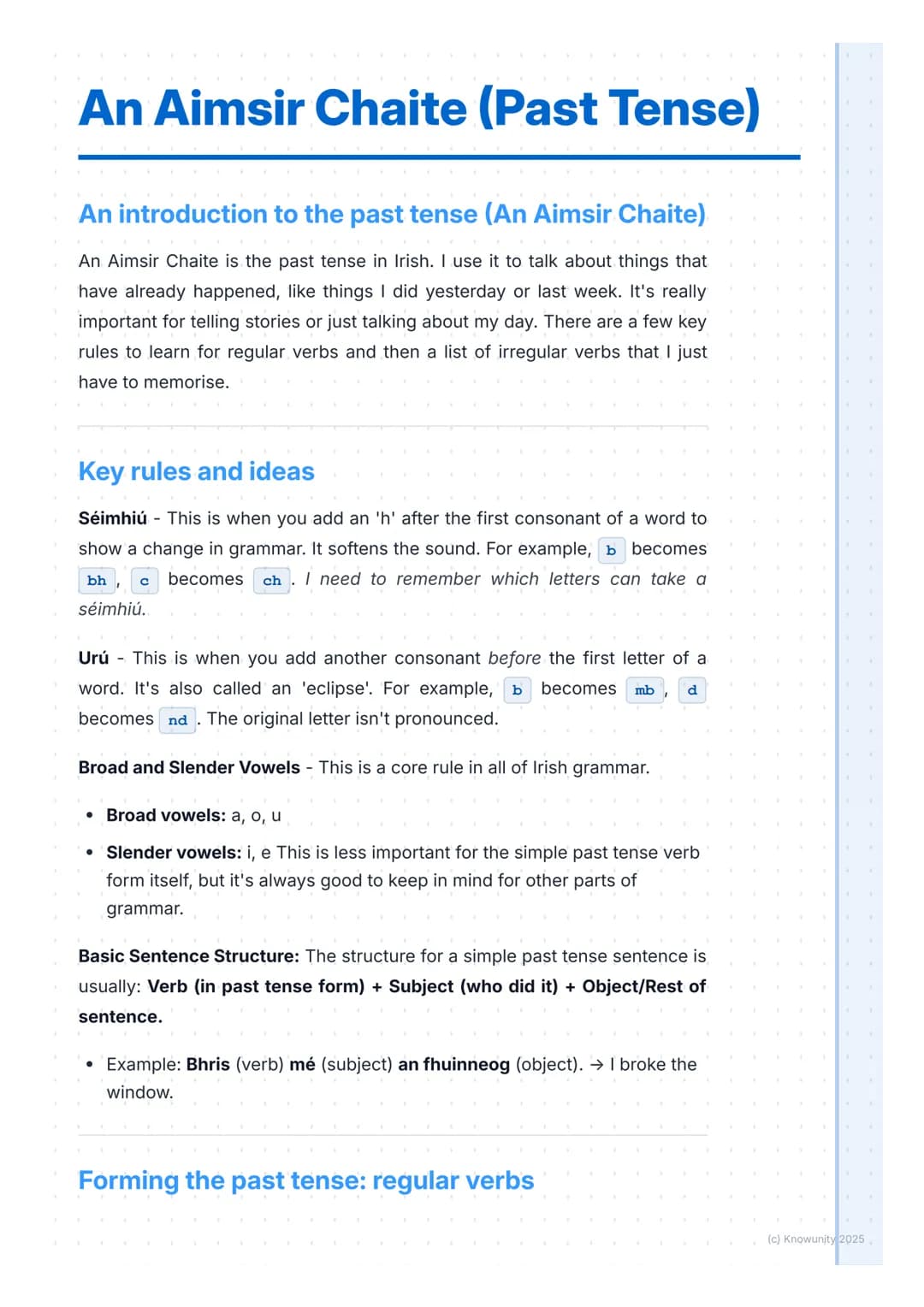 # An Aimsir Chaite (Past Tense)
An introduction to the past tense (An Aimsir Chaite)
An Aimsir Chaite is the past tense in Irish. I use it