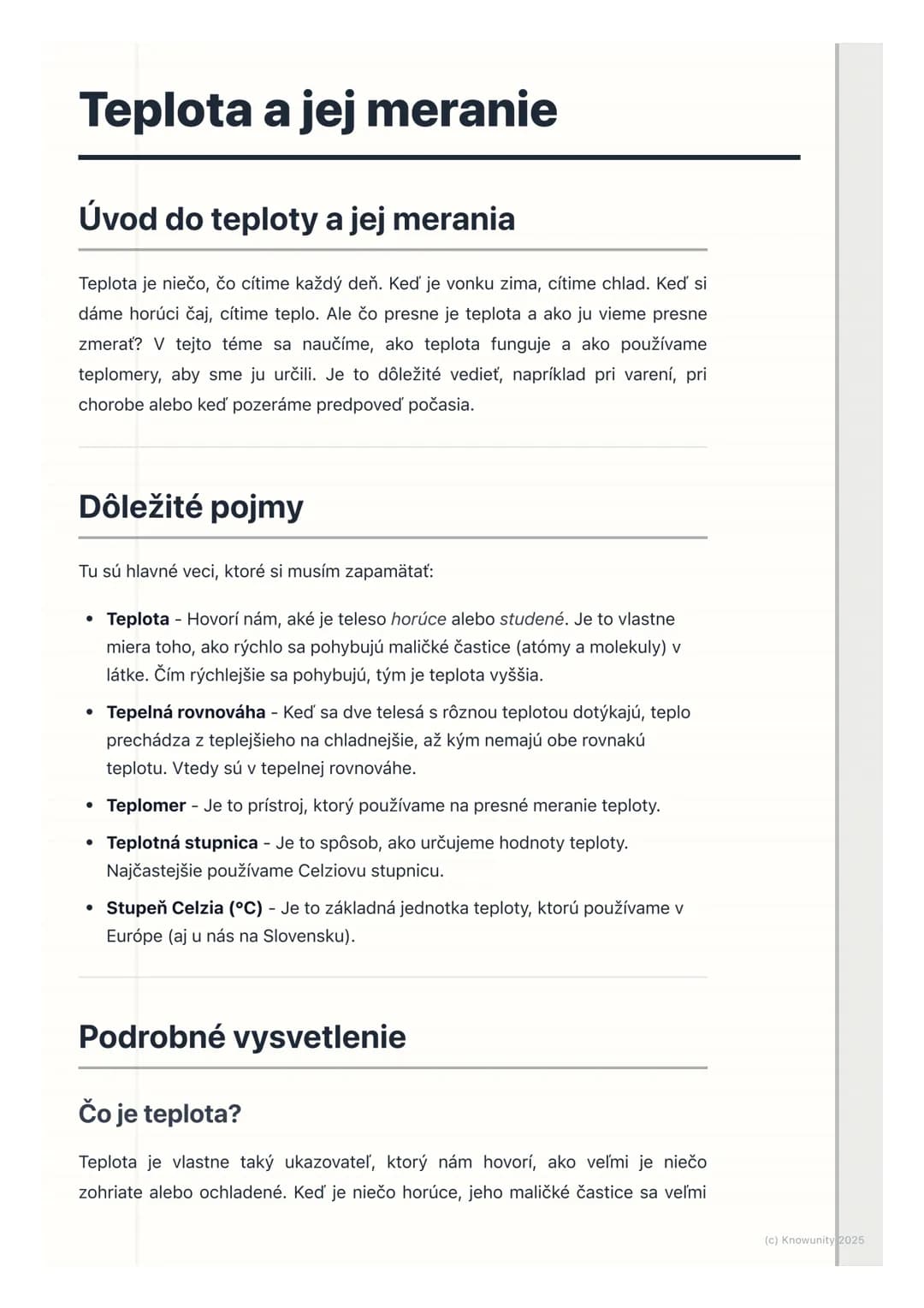 # Teplota a jej meranie
## Úvod do teploty a jej merania
Teplota je niečo, čo cítime každý deň. Keď je vonku zima, cítime chlad. Keď si
dá