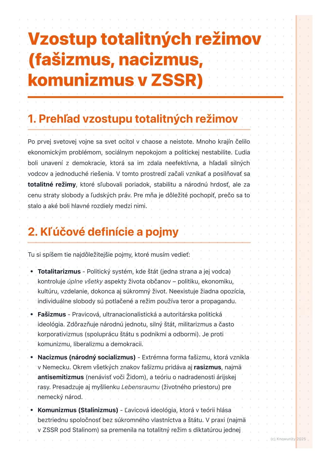 # Vzostup totalitných režimov
(fašizmus, nacizmus,
komunizmus v ZSSR)
1. Prehľad vzostupu totalitných režimov
Po prvej svetovej vojne sa s