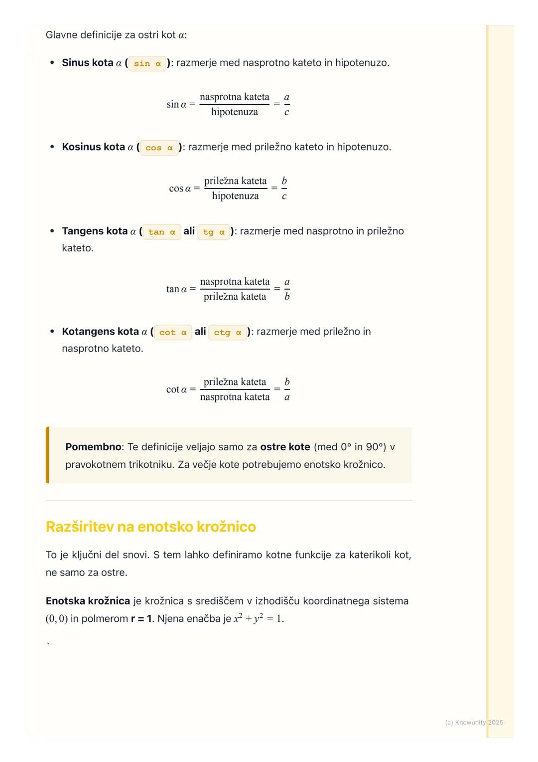 # Kotne funkcije v pravokotnem
trikotniku in na enotski
krožnici
Ponovitev kotnih funkcij v pravokotnem trikotniku
To je osnova, ki jo mor