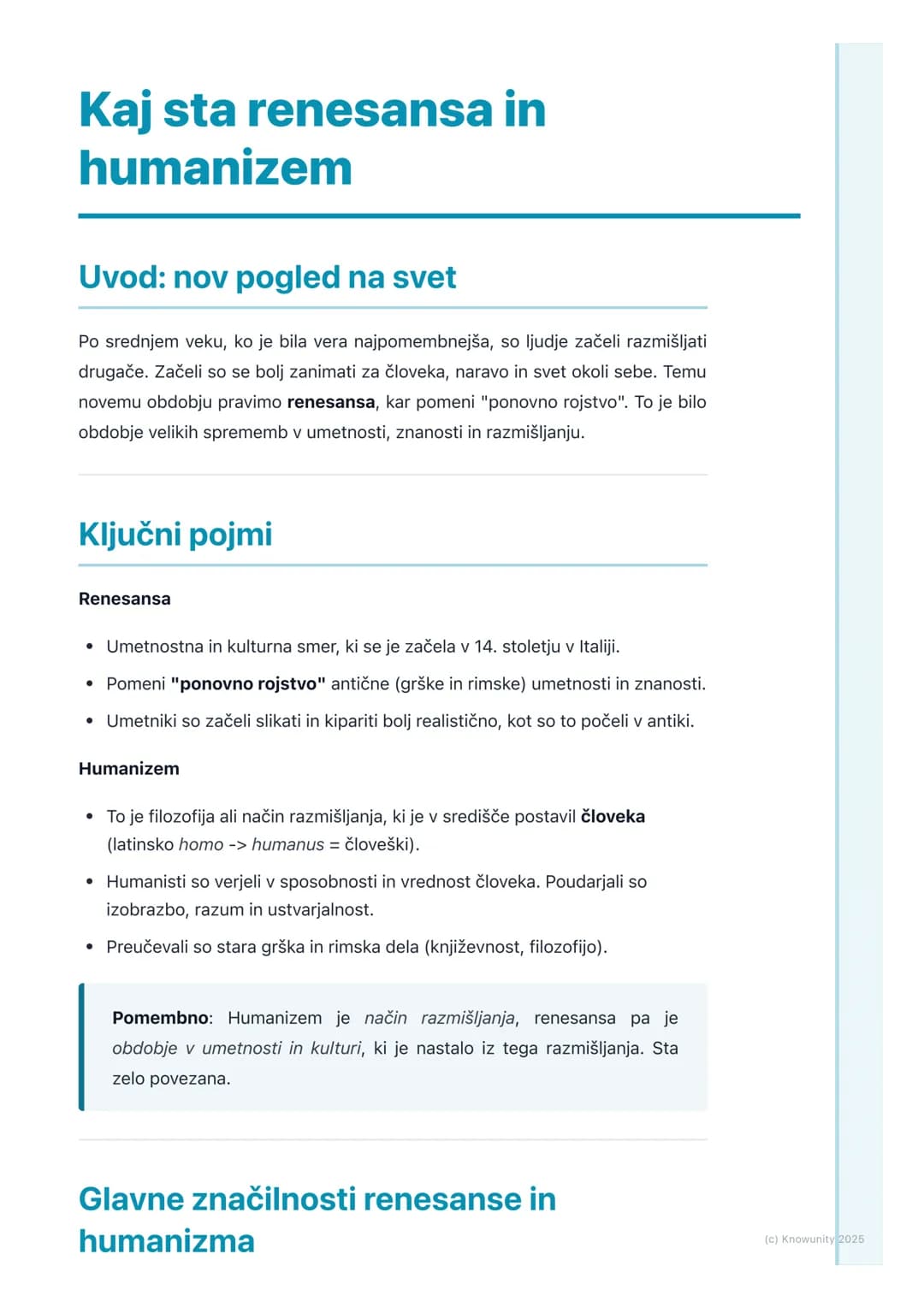 # Kaj sta renesansa in
humanizem
Uvod: nov pogled na svet
Po srednjem veku, ko je bila vera najpomembnejša, so ljudje začeli razmišljati
d