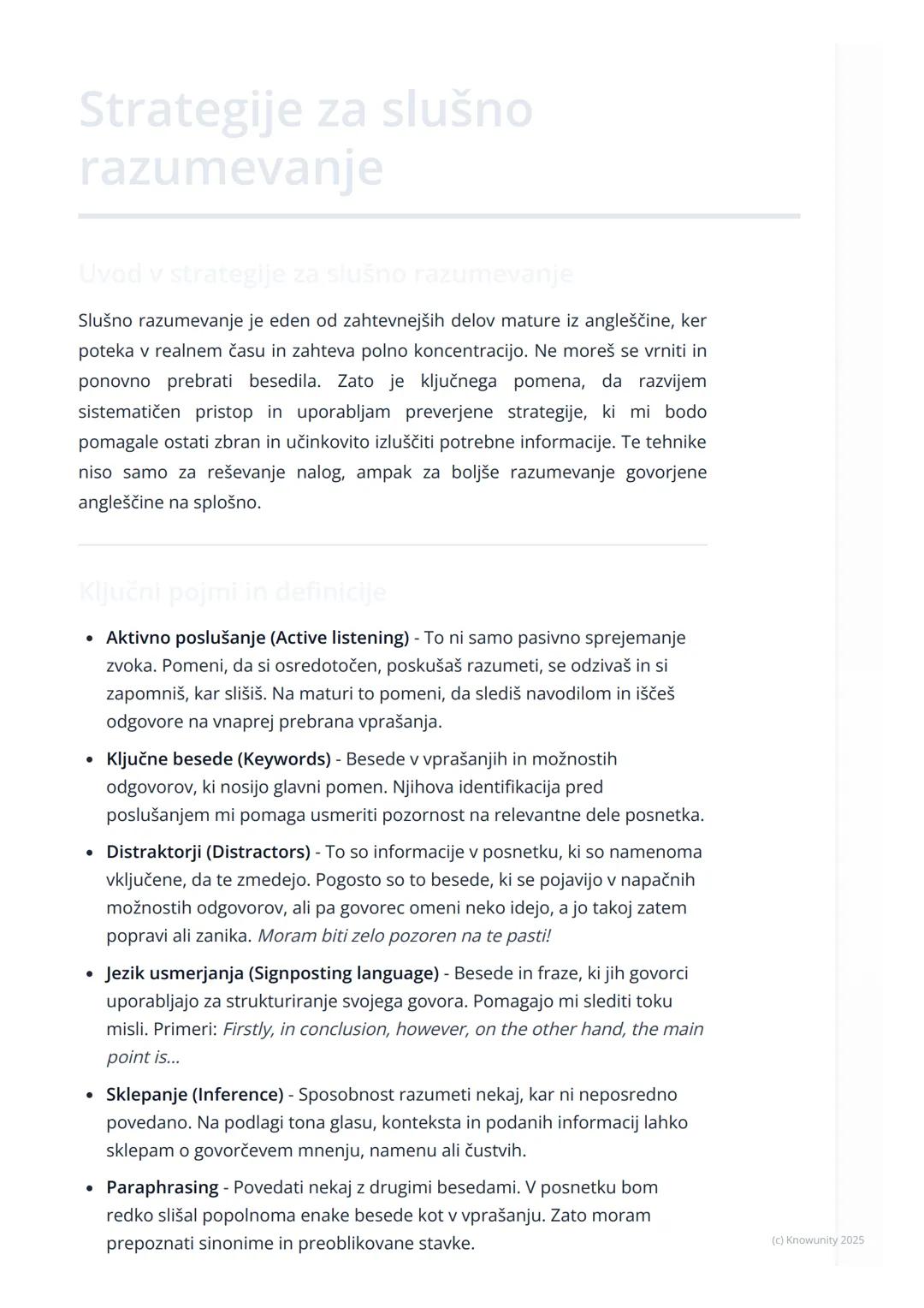 # Strategije za slušno
razumevanje
Uvod v strategije za slušno razumevanje
Slušno razumevanje je eden od zahtevnejših delov mature iz angl
