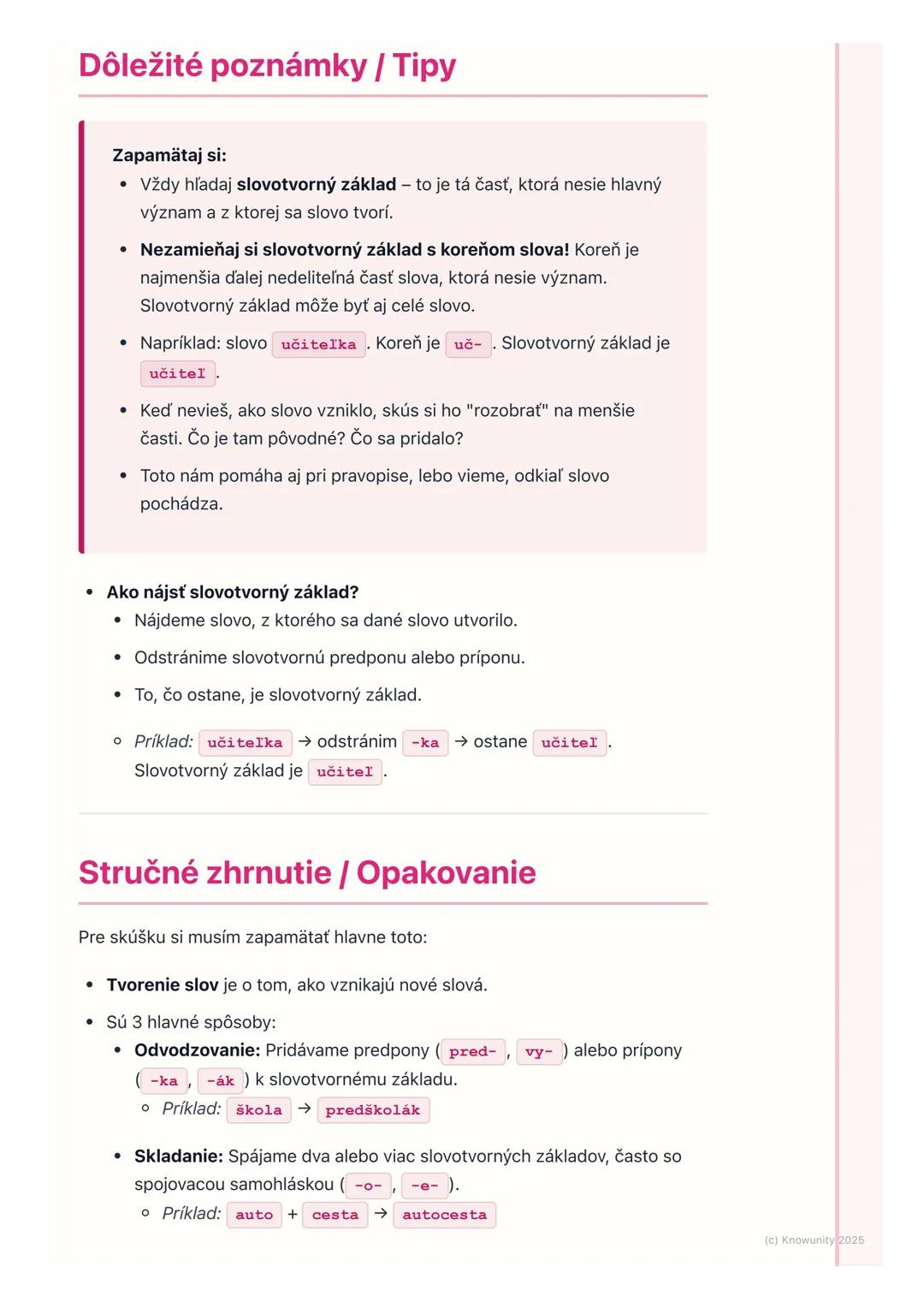 # Tvorenie slov
Prehľad / Úvod
Takže, dnes si zopakujeme a lepšie pochopíme, ako vlastne vznikajú nové
slová v slovenčine. Je to dôležité,