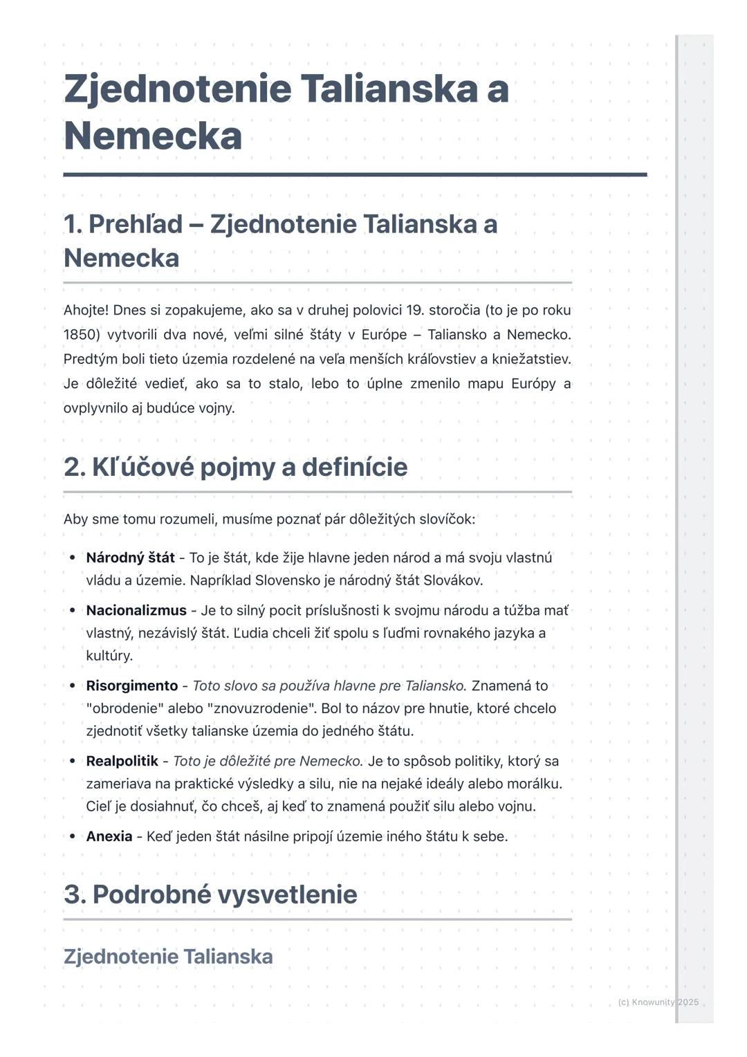 # Zjednotenie Talianska a
Nemecka
1. Prehľad - Zjednotenie Talianska a
Nemecka
Ahojte! Dnes si zopakujeme, ako sa v druhej polovici 19. st