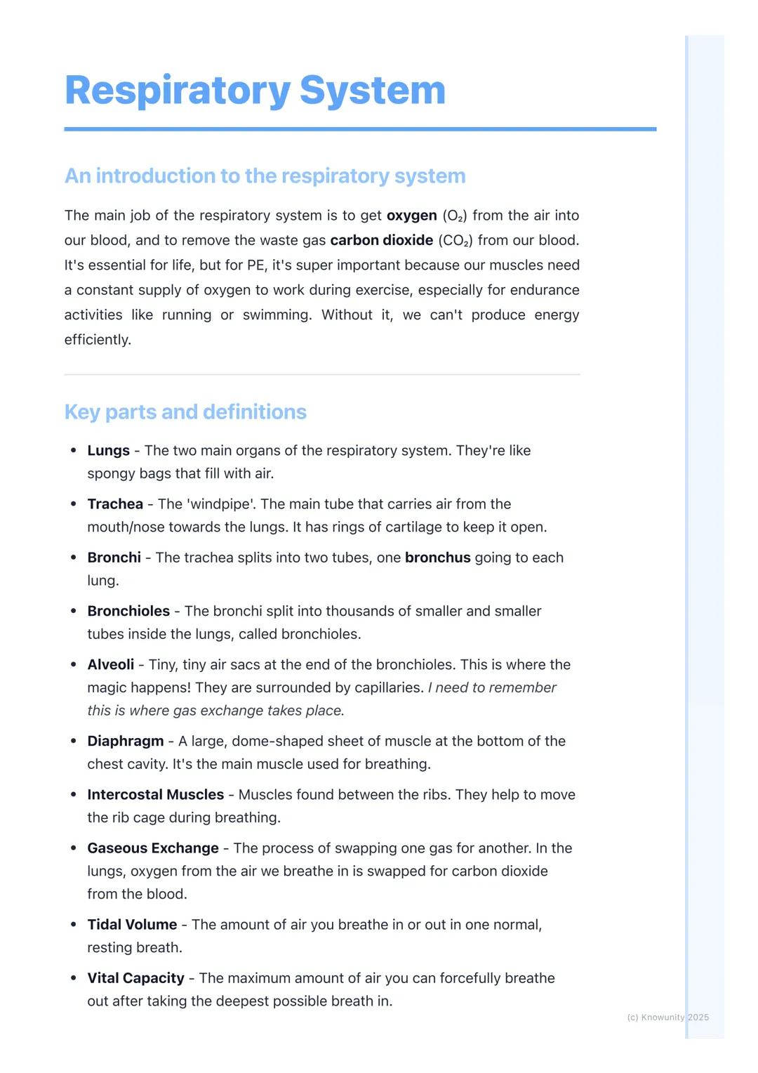 # Respiratory System
An introduction to the respiratory system
The main job of the respiratory system is to get oxygen (O2) from the air i