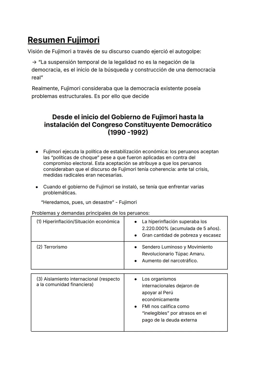 Resumen Fujimori
Visión de Fujimori a través de su discurso cuando ejerció el autogolpe:
→ "La suspensión temporal de la legalidad no es la
