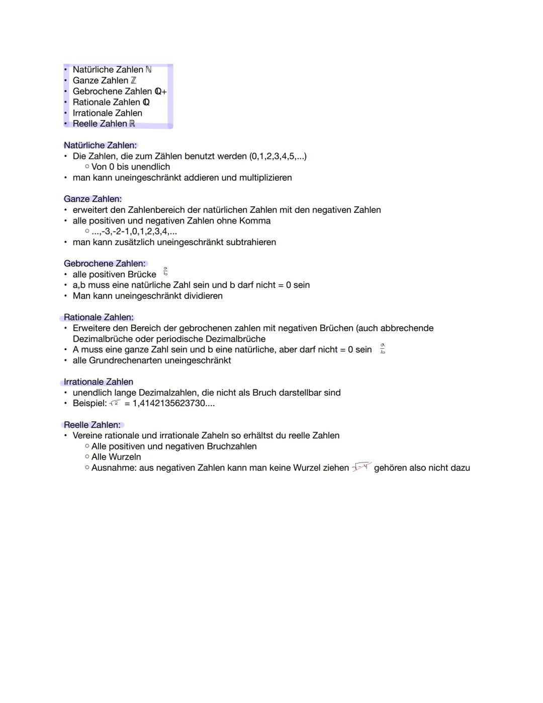 - Natürliche Zahlen N
- Ganze Zahlen Z
- Gebrochene Zahlen Q+
- Rationale Zahlen Q
- Irrationale Zahlen
- Reelle Zahlen R
Natürliche Zahlen