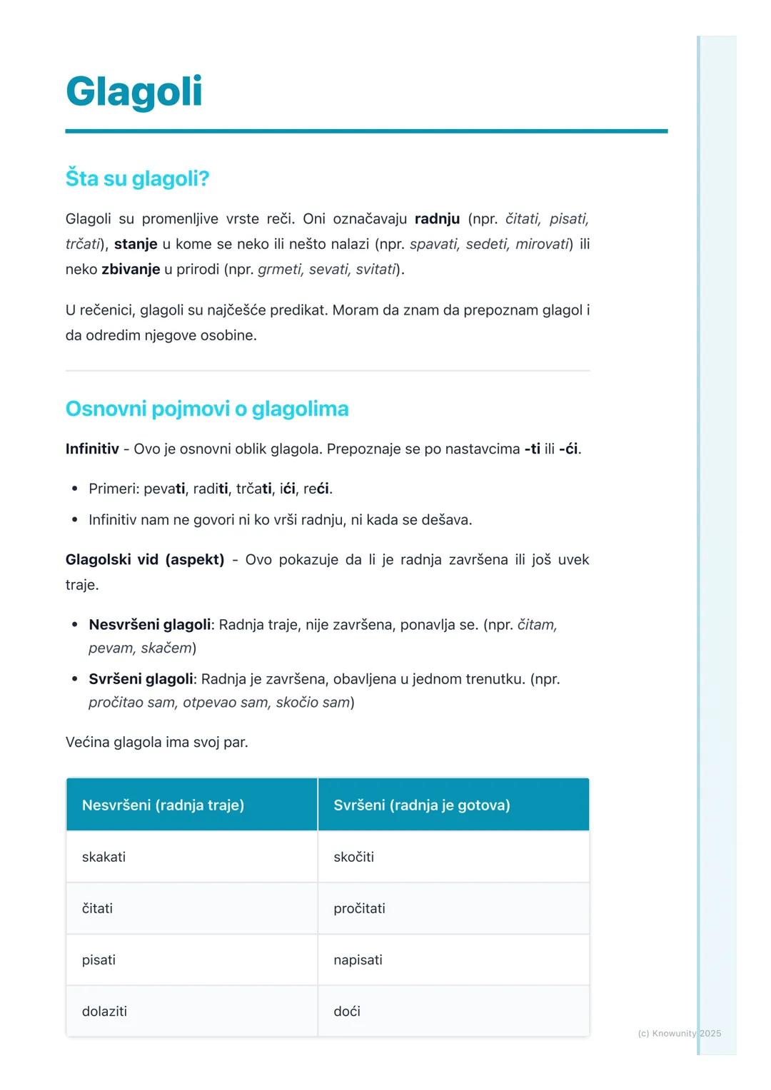 # Glagoli
## Šta su glagoli?
Glagoli su promenljive vrste reči. Oni označavaju radnju (npr. čitati, pisati,
trčati), stanje u kome se neko
