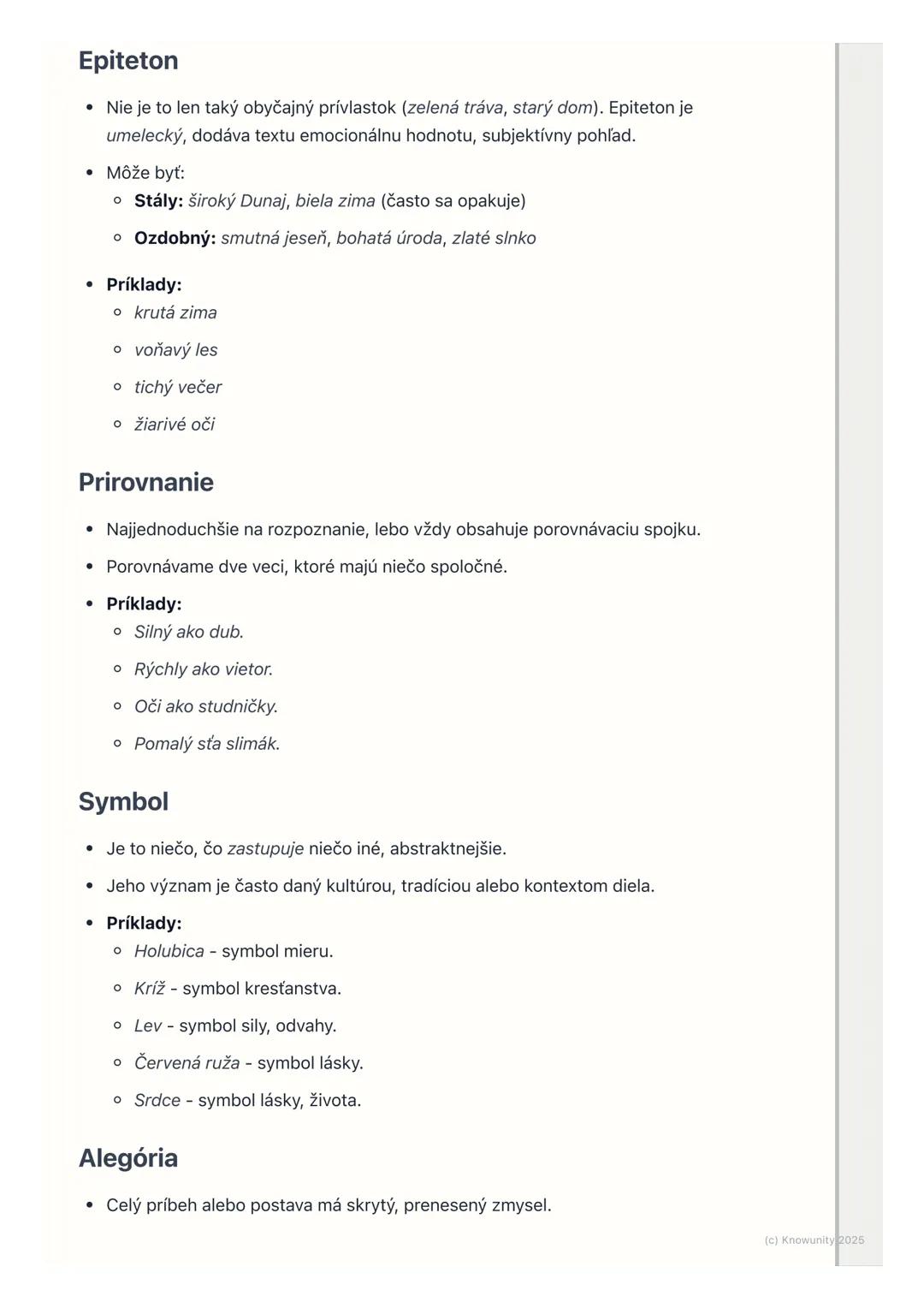 # Umelecké prostriedky
## 1. Prehľad a úvod
Umelecké prostriedky sú ako štetce a farby pre maliara, ale pre spisovateľa. Sú
to nástroje, k