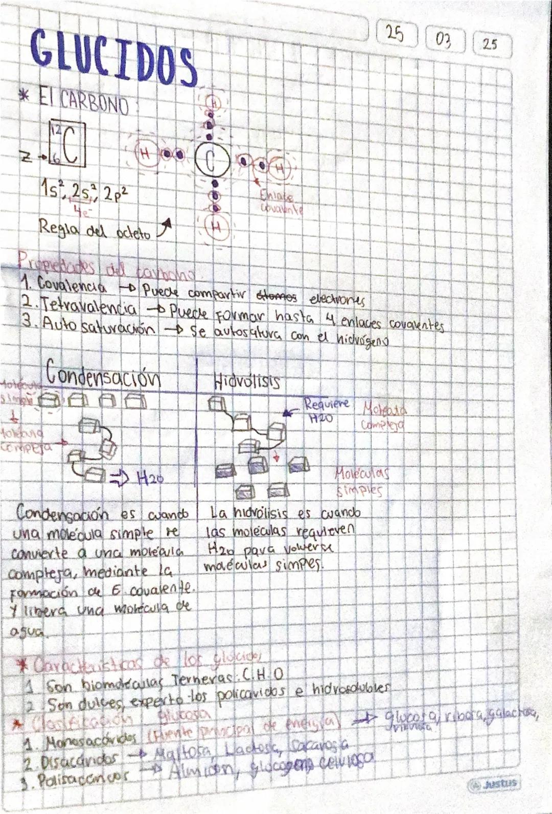 25
03
25
# GLUCIDOS
* EI CARBONO
12
C
1s², 25, 2p²
Че
Regia del ocleto
Propiedades del caband
1. Covalencia Puede compartir stornos eve