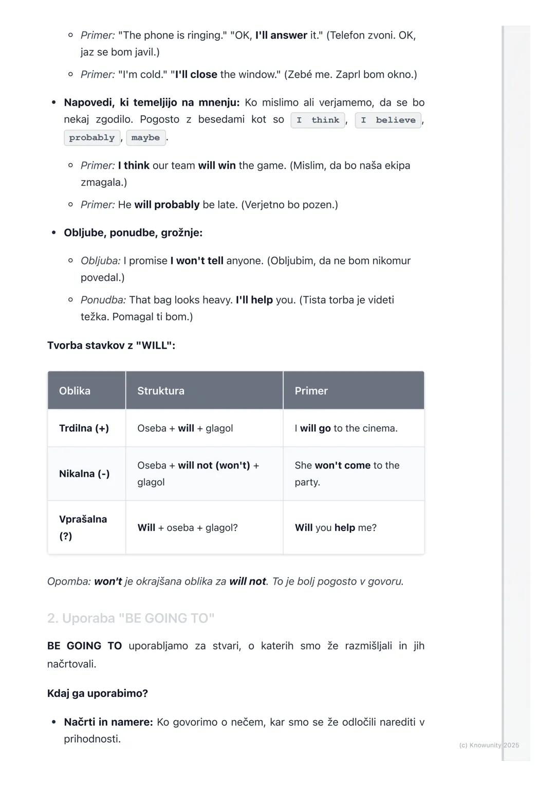 # Prihodnjik (Future Simple -
will/won't, be going to)
Uvod v prihodnjik
Prihodnjik (Future Tense) uporabljamo, ko govorimo o stvareh, ki